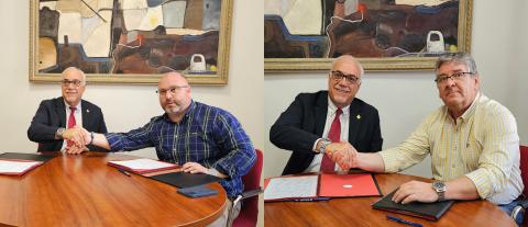 Saludo del alcalde con Manuel del Salto y Pedro Callejas tras la firma de los convenios